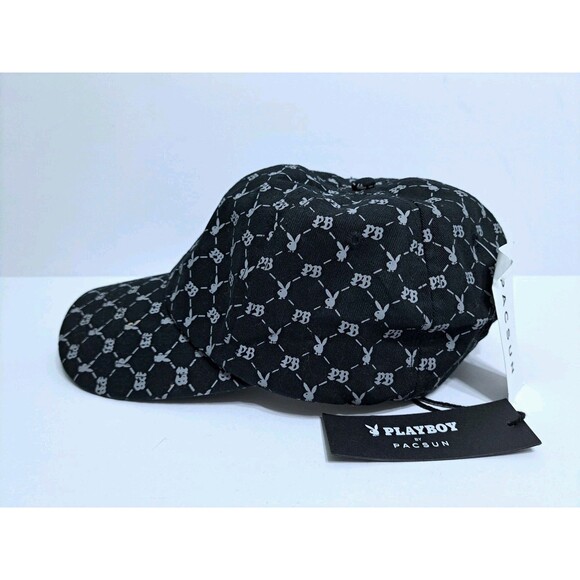 Playboy PacSun Strapback Hat Black Gray Cap All Over Print Logo StrapBack - Picture 2 of 6